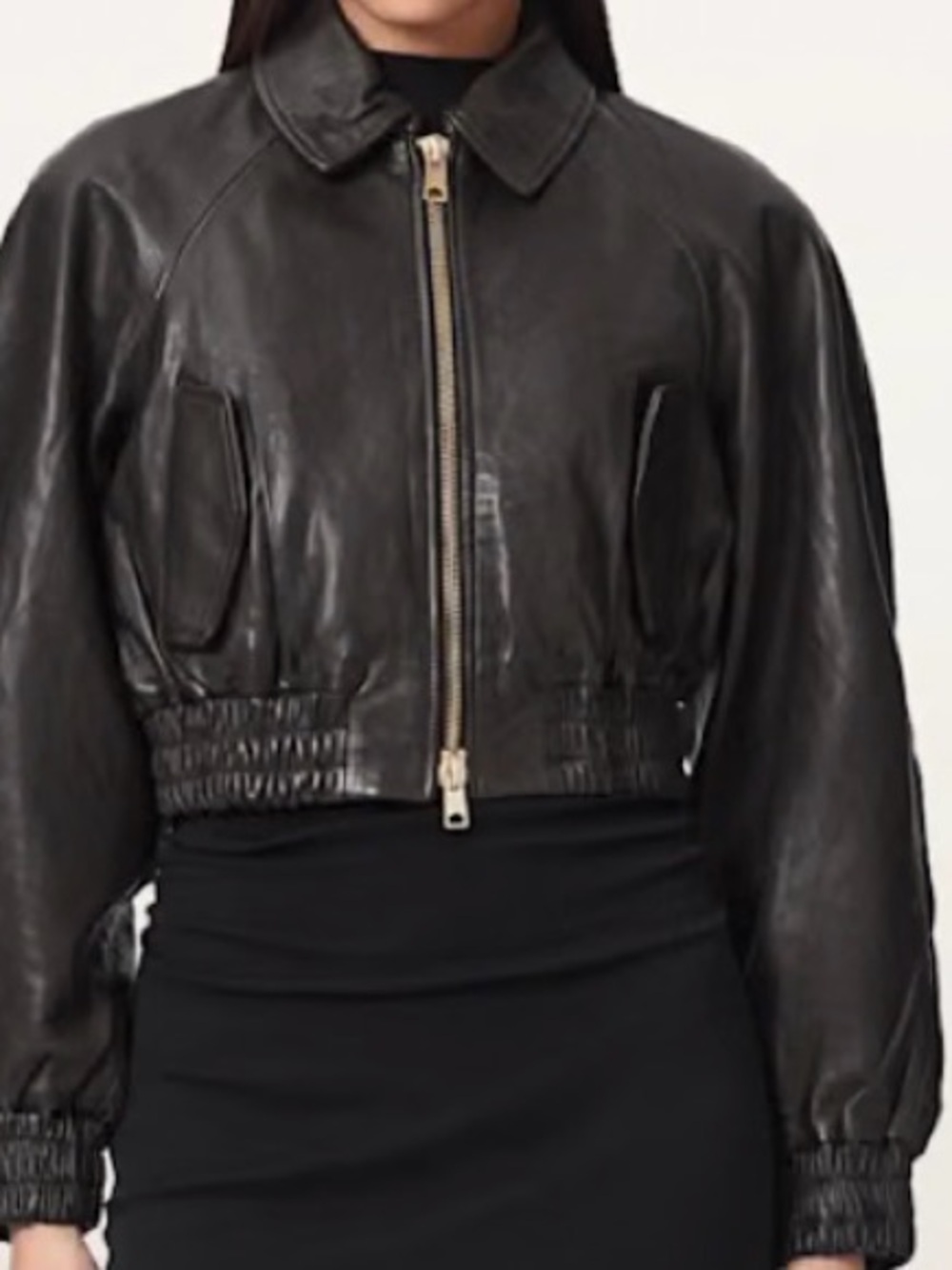 ALLSAINTS Anouk Leather Crop Bomber Jacket Bitter Brown Size M - Picture 2 of 12